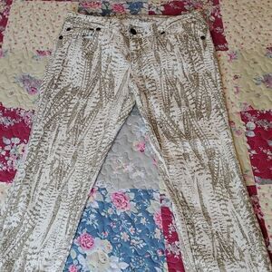 Free People Off-White & Gold Splatter Print Zip Ankle Crop Jeans Pants, Sz 29